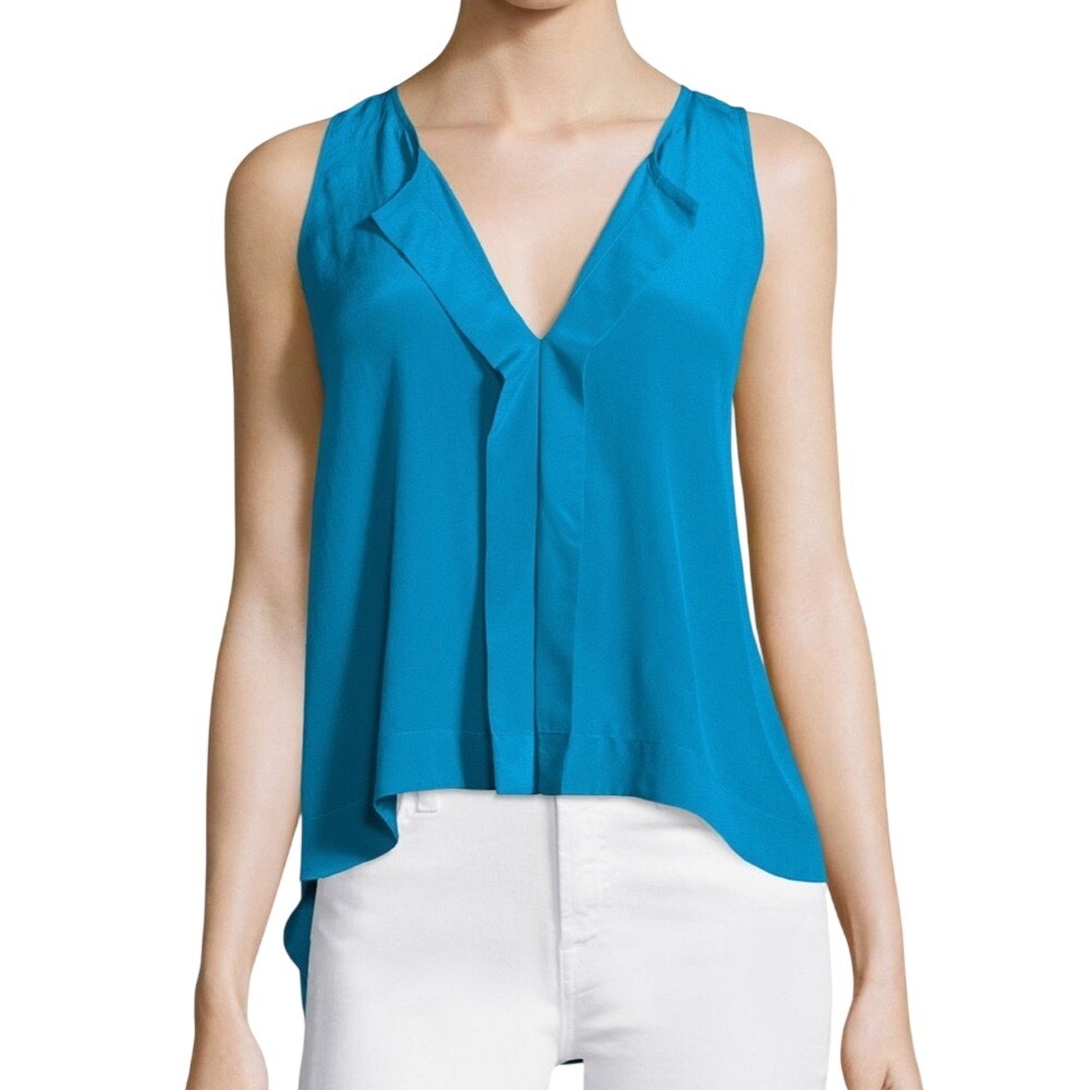Alice + Olivia Womens Felix Sleeveless Silk V-Neck Blue Top Size M